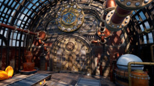 steampunk vault door with brass gears in a glass and metal workshop surrounded by pipes and gauges youprotv youprotv